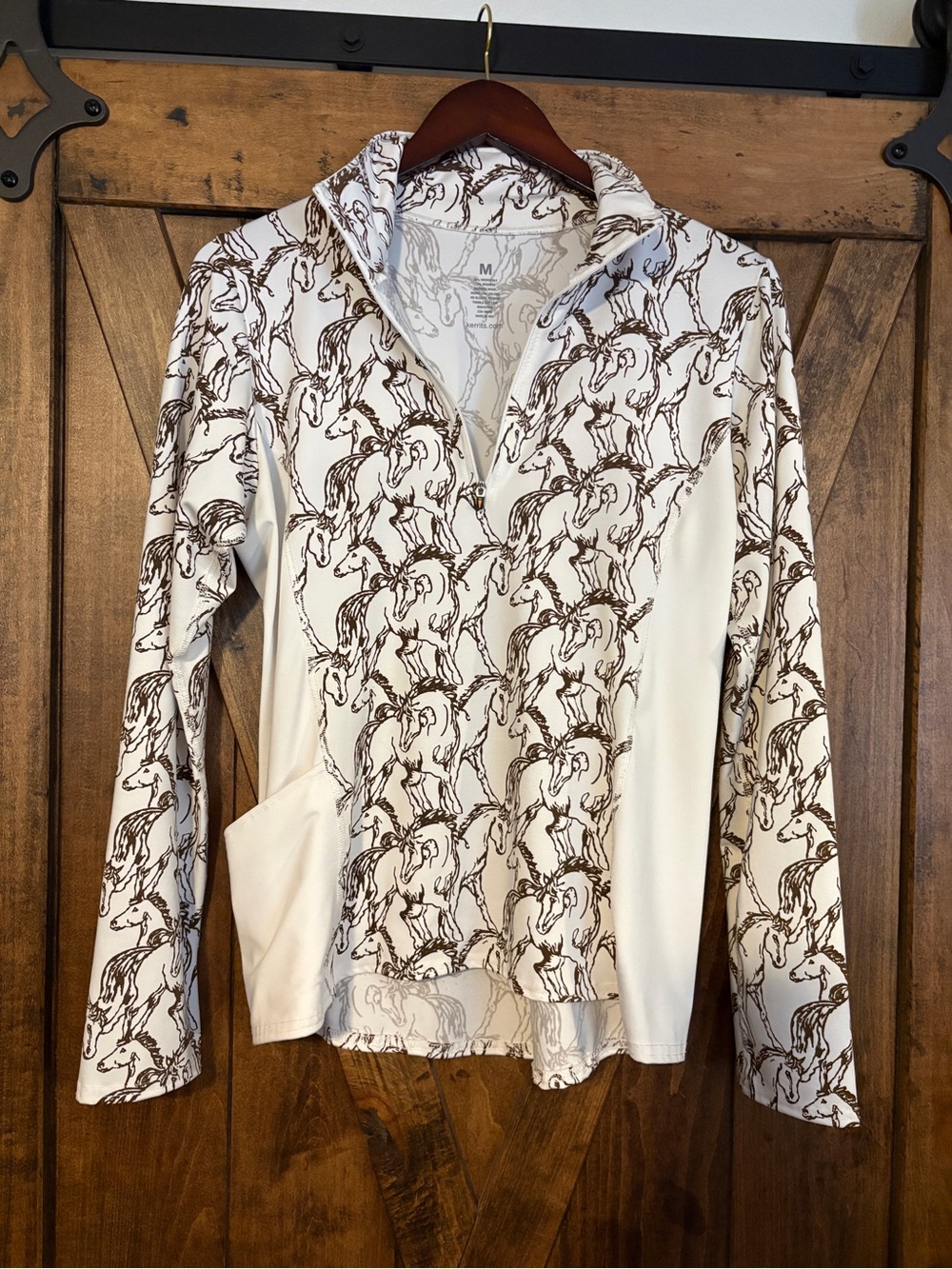 Kerrits White Long Sleeve Equestrian Riding shirt with Brown Horse Print 🐴